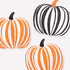 Three paper pumpkin shaped placemats with black and orange stripes on a white background