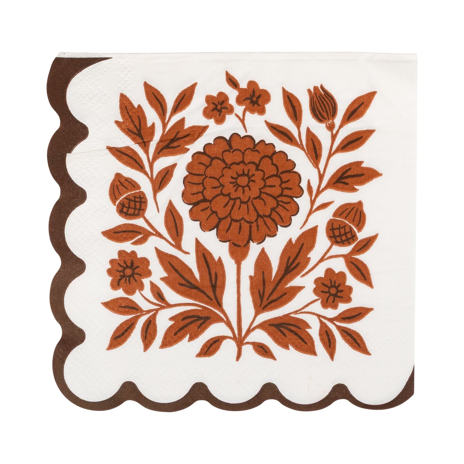 A square white paper napkin with a scalloped brown border and a central brown floral and leaf pattern, shown on a plain white background.