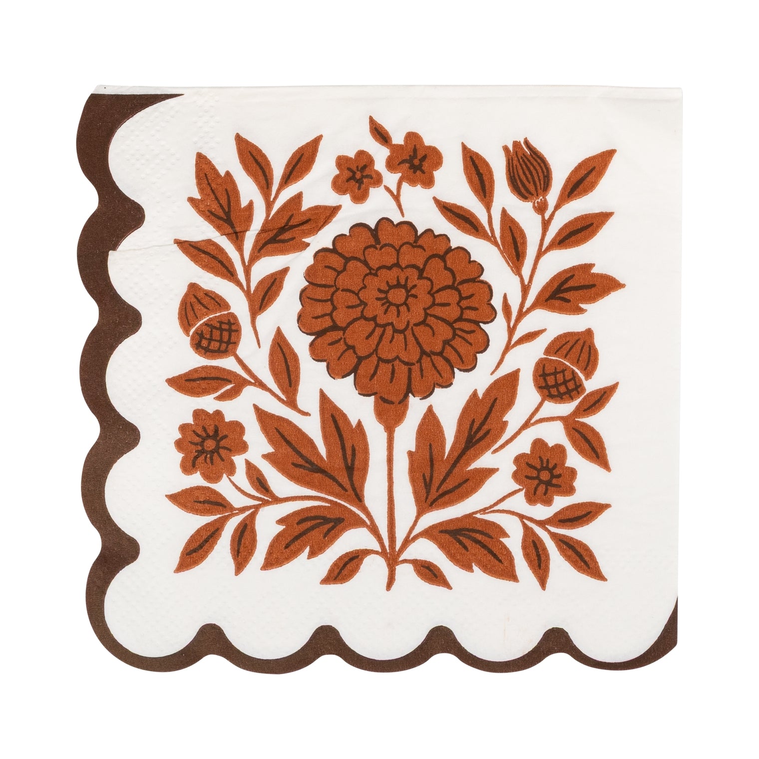 A square white paper napkin with a scalloped brown border and a central brown floral and leaf pattern, shown on a plain white background.
