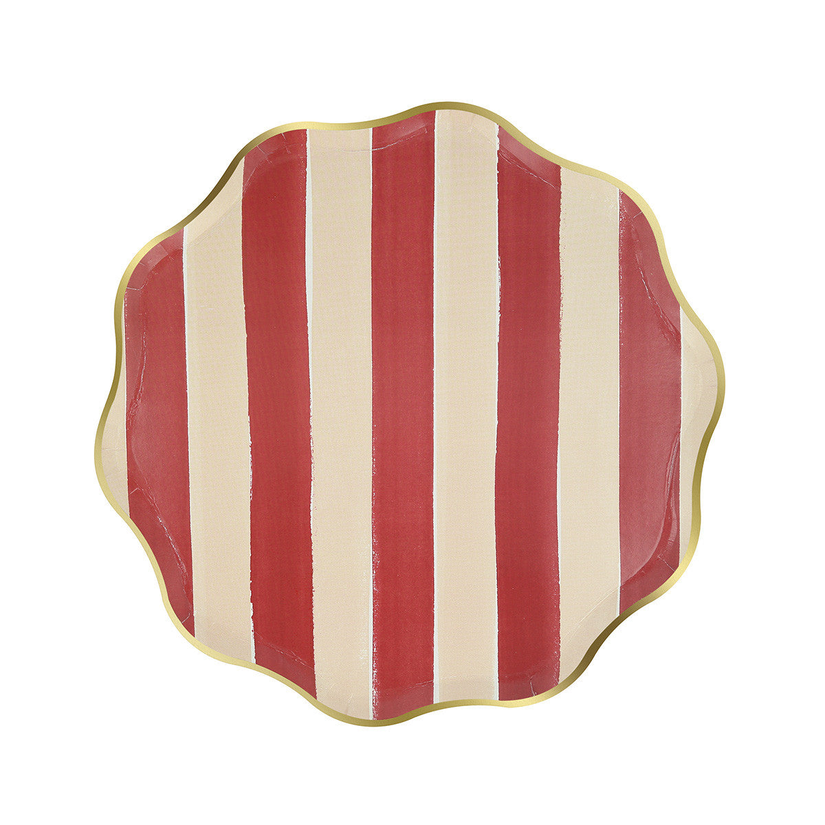 Paper plate with red and white vertical stripes on a white background. 