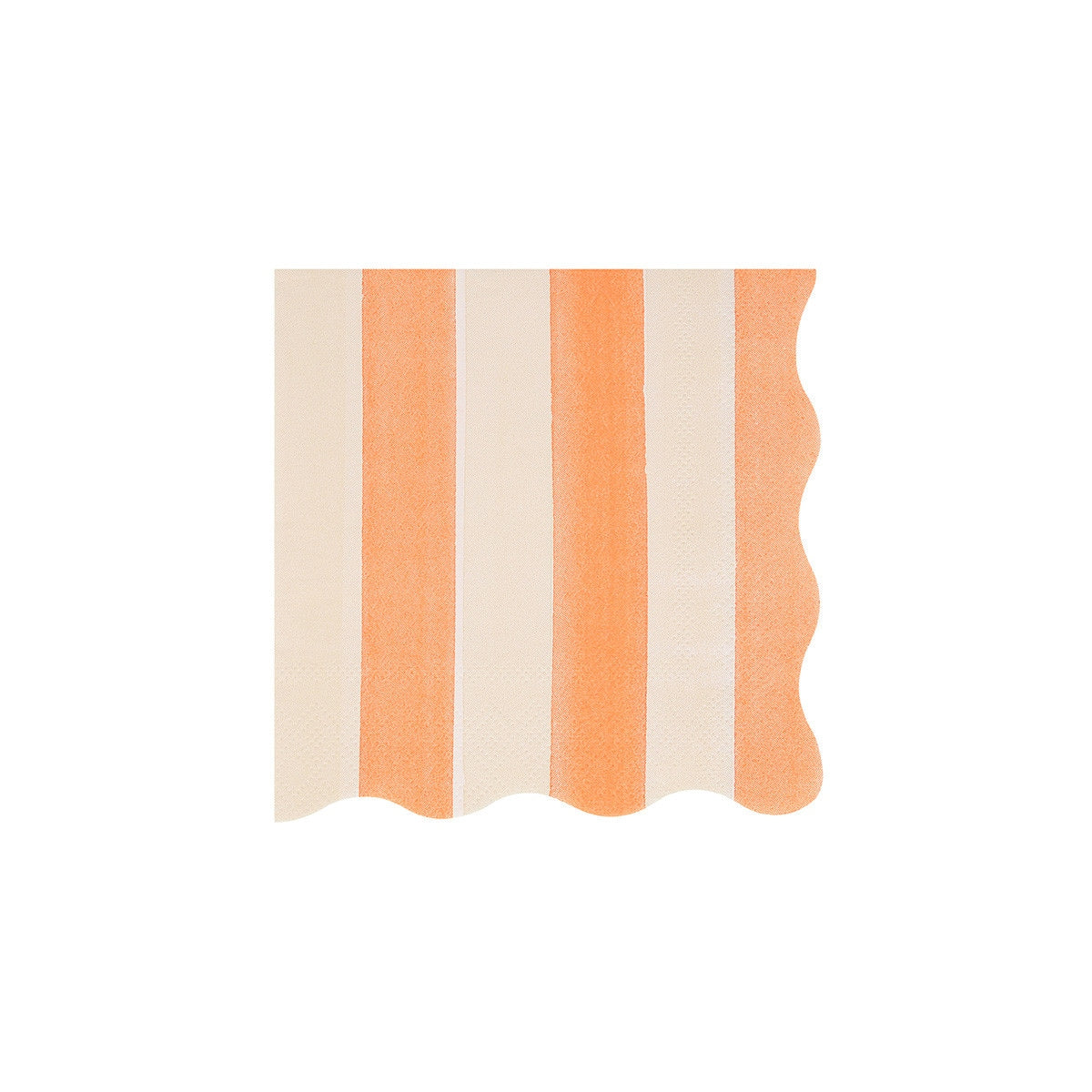 Orange and white striped paper napkin with a scalloped edge. 