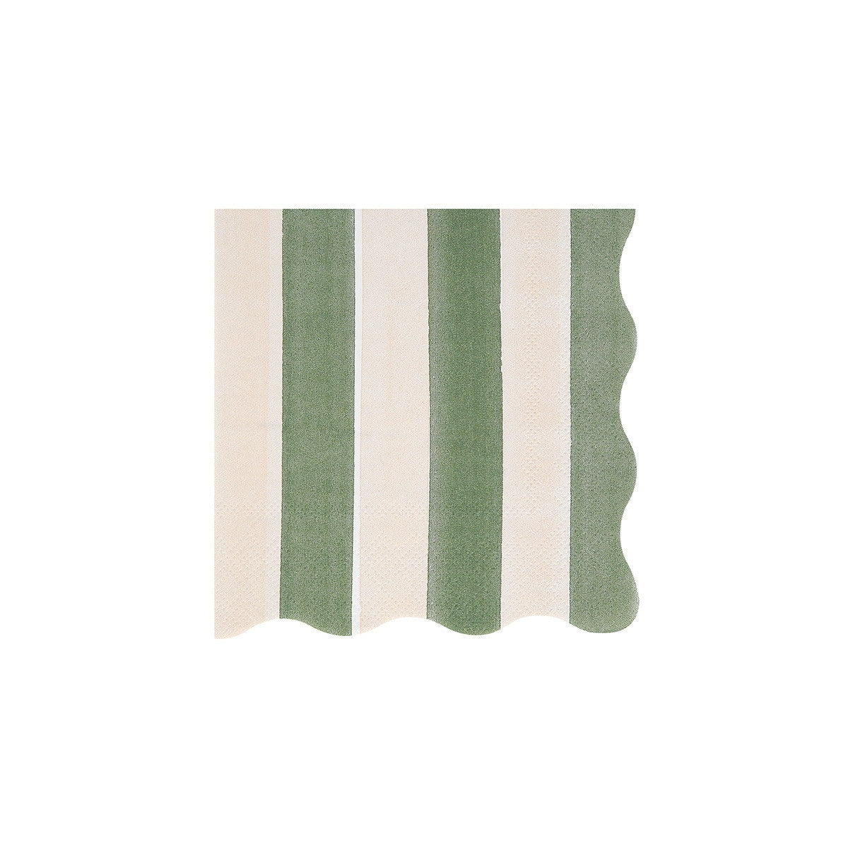 Green and white striped paper napkin with a scalloped edge. 