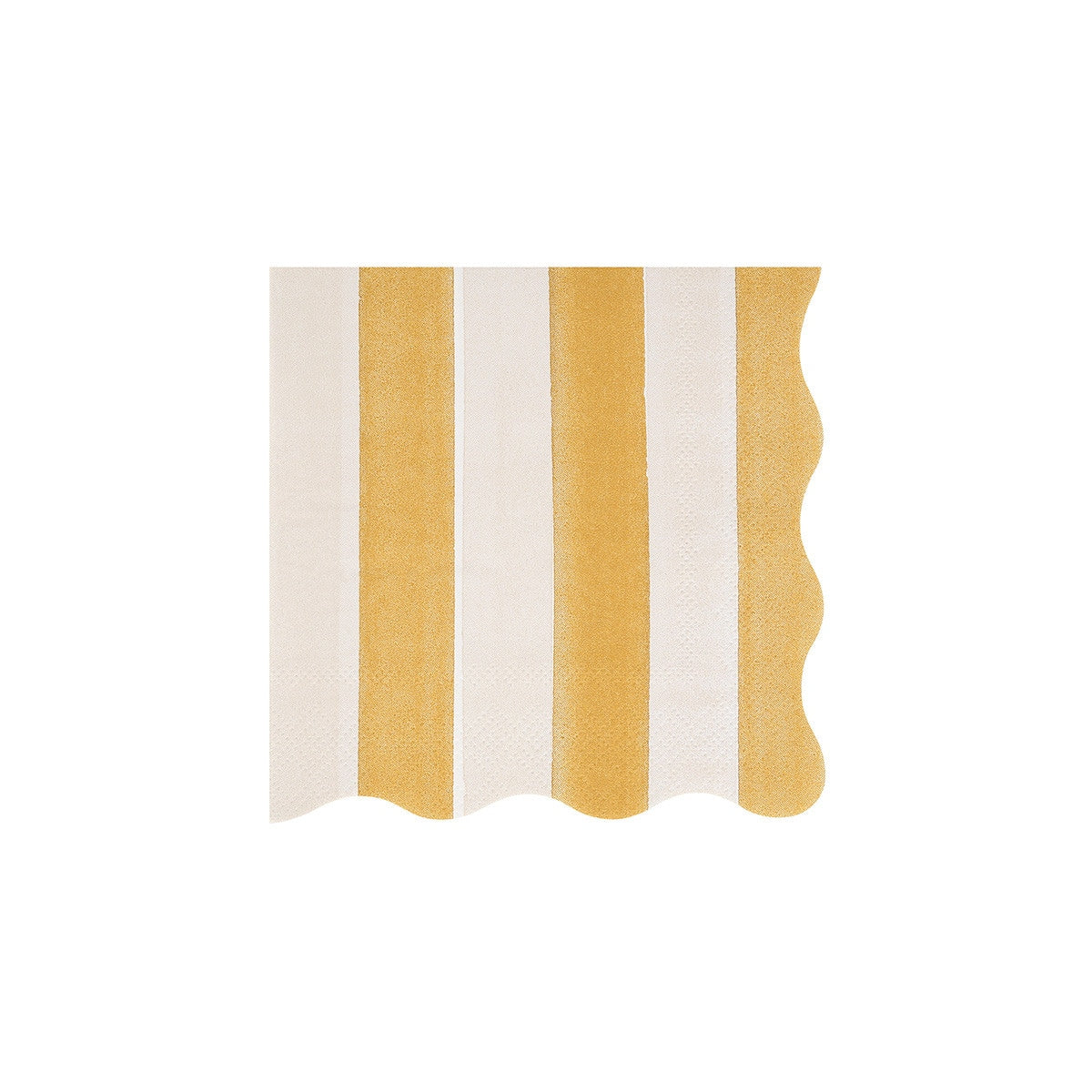 Yellow and white striped paper napkin with a scalloped edge. 