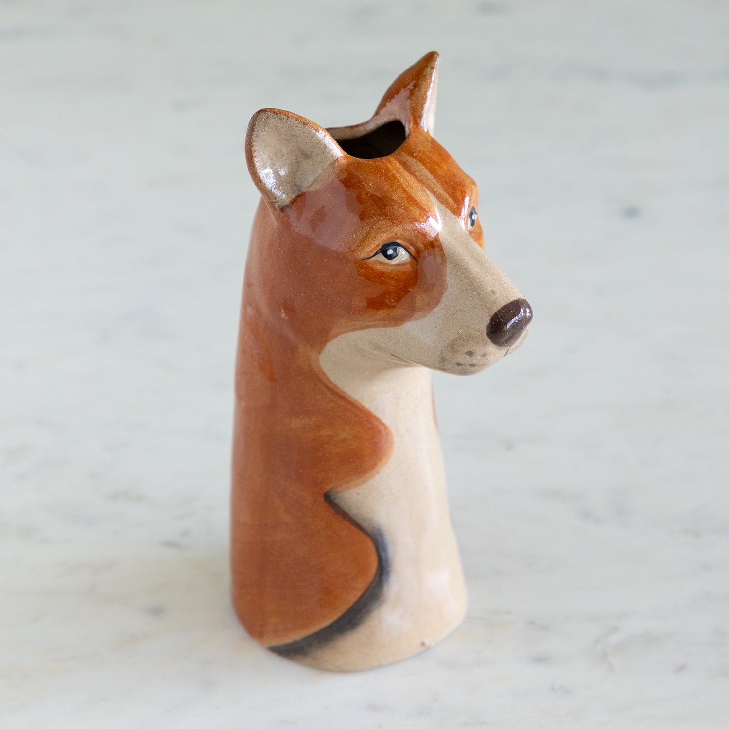 Hand-Painted Stoneware Dog Vase