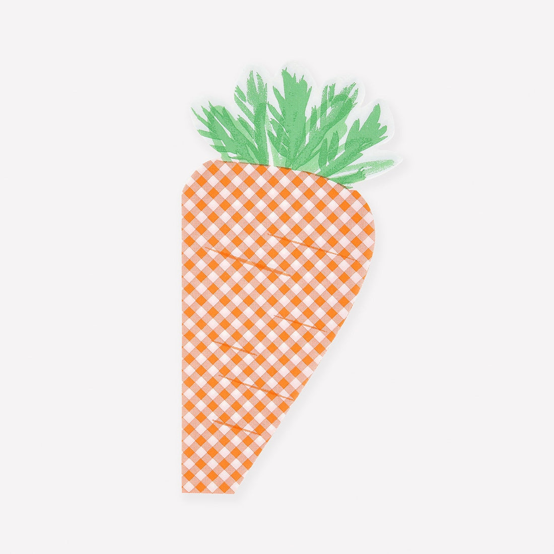 Carrot-shaped napkin with gingham pattern on a white background.