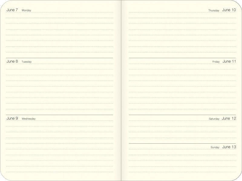 Two pages of a planner showing a weekly layout with days of the week and dates.