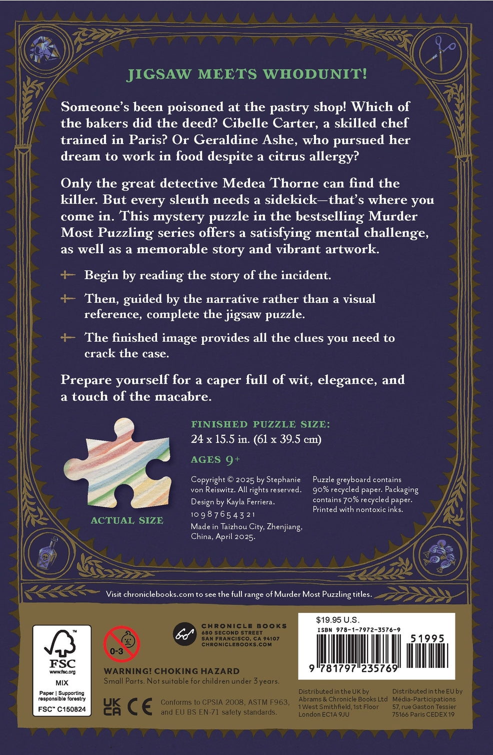 Back cover of a puzzle packaging with text and graphics on a dark background.