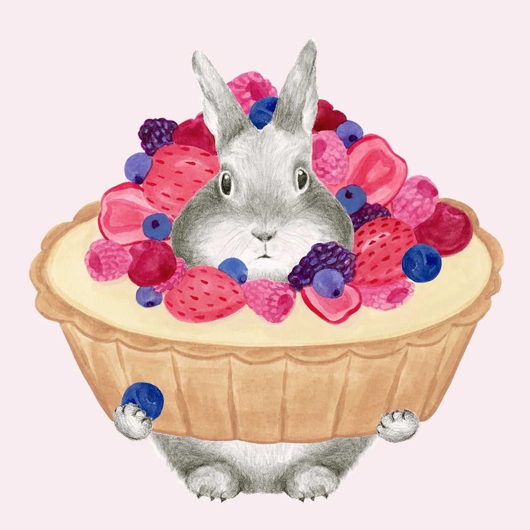 Greeting card by Dear Hancock with an illustration of a bunny in a pie covered in berries with "Happy Birthday You Sweet Tart" printed below. 