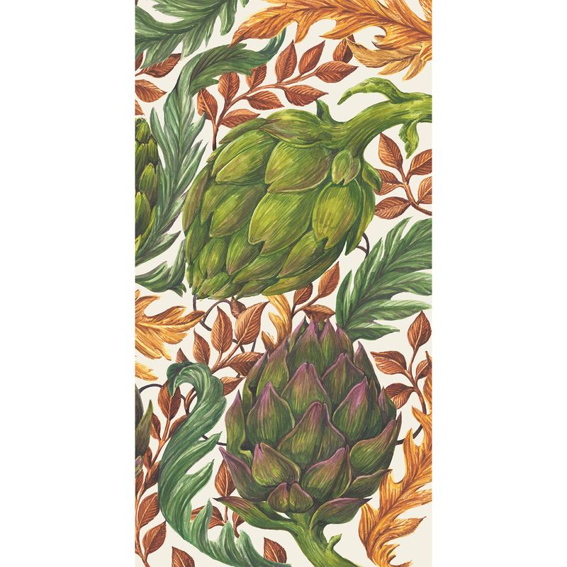 A rectangular guest napkin featuring an illustrated pattern of artichokes and leaves on a beige background.
