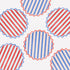 Pattern of red, white, and blue striped paper plates with scalloped edge on a white background.