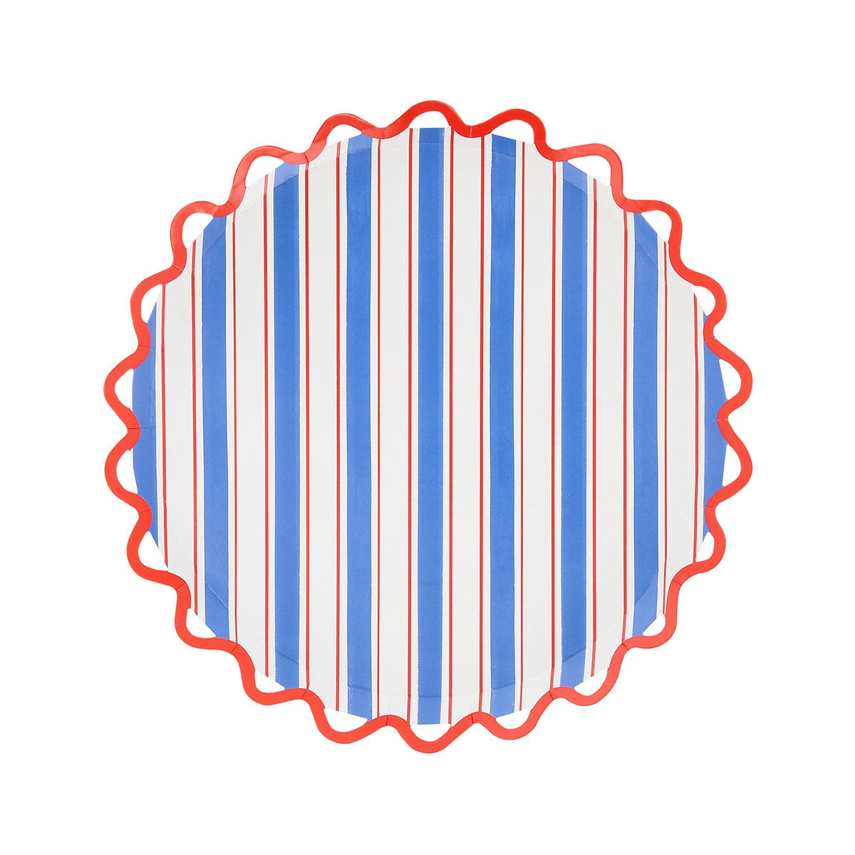 Decorative paper plate with blue and white striped pattern on a white background.