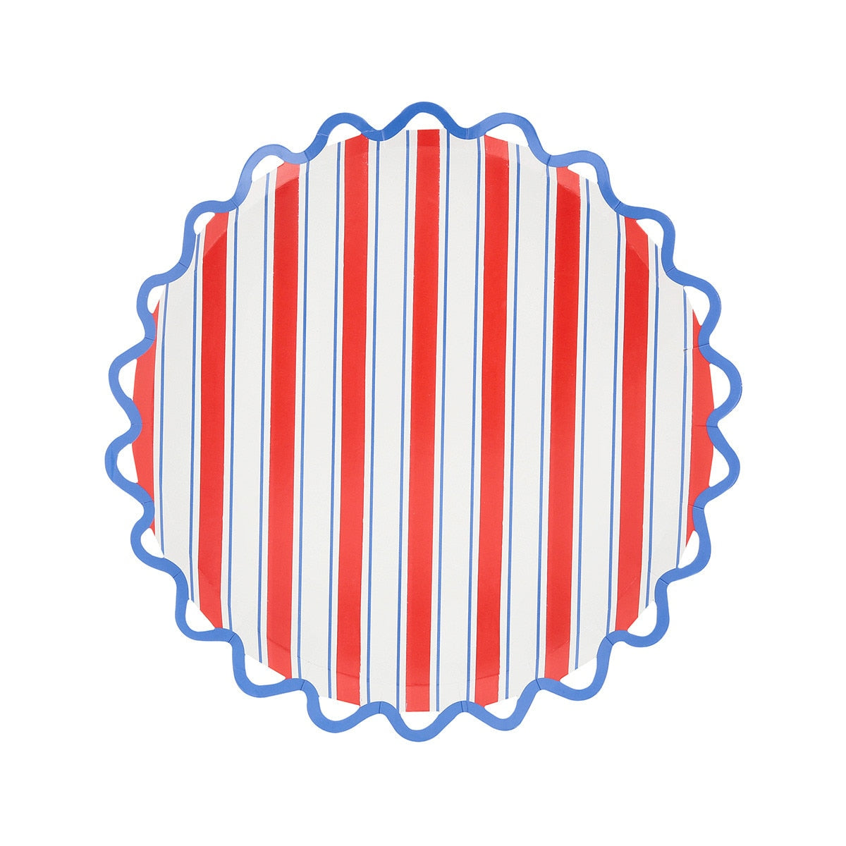 Decorative paper plate with red and white vertical stripes on a white background.