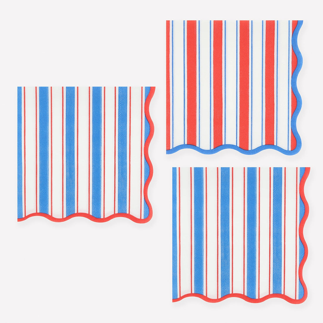 Red, white, and blue striped pattern paper napkins on a white background.