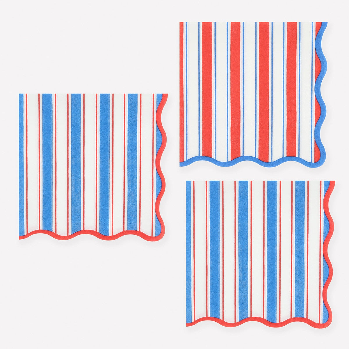 Red, white, and blue striped pattern paper napkins on a white background.