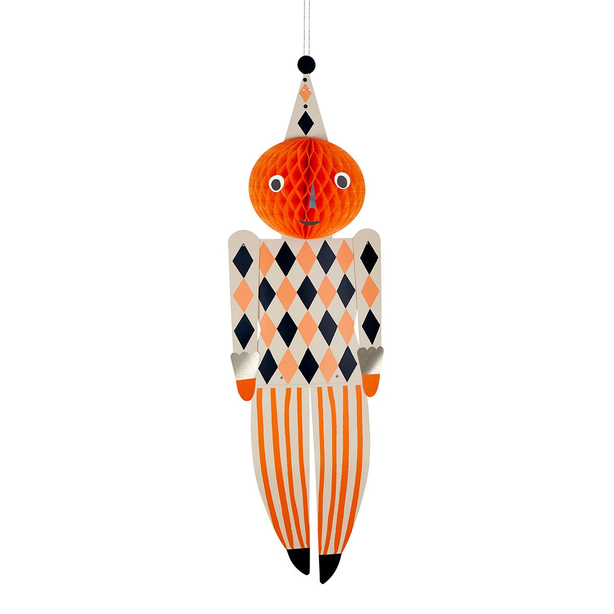 Decorative Halloween figure with orange pumpkin head and diamond-patterned body on a white background.