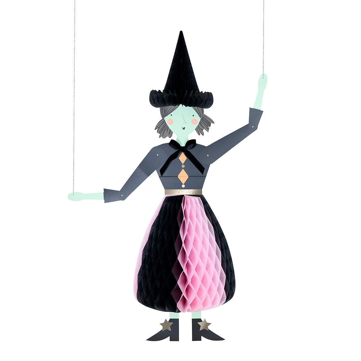 Decorative witch figure with a black hat, pink and black dress, and star shoes on a white background.