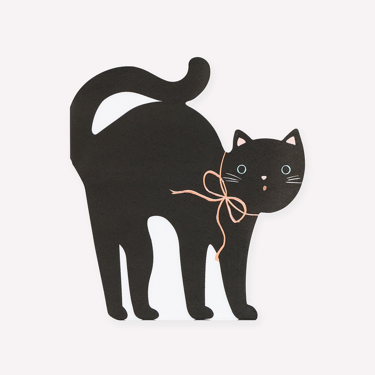 Black cat illustration with a pink bow on a white background.