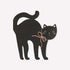 Black cat illustration with a pink bow on a white background.