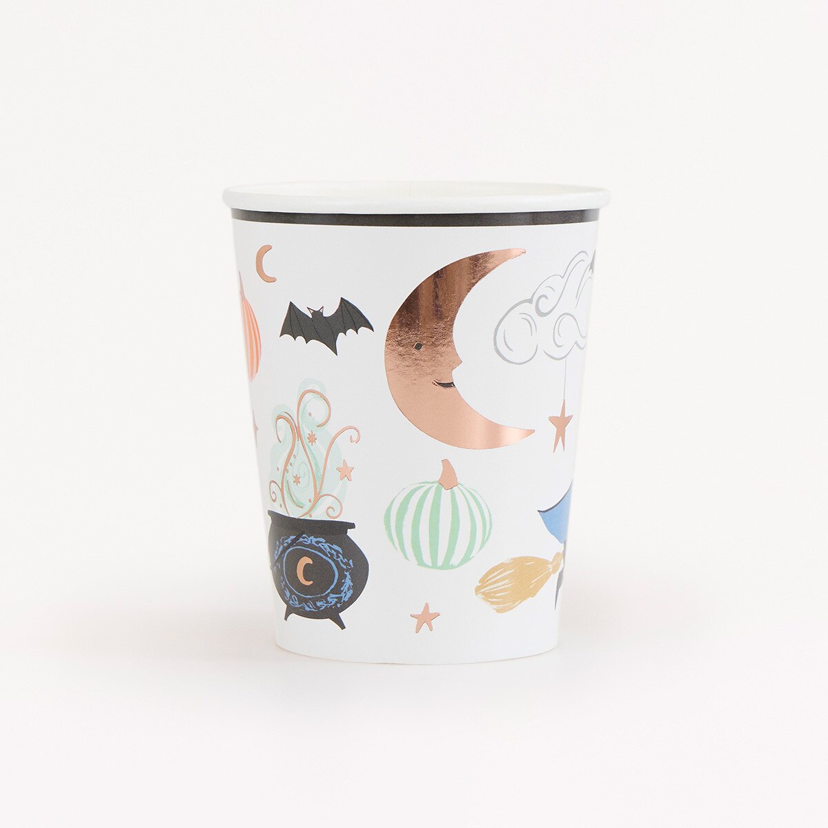 Paper cup with Halloween-themed illustrations on a white background.