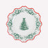 A white paper Christmas plate with a scalloped rim, featuring a green tree of life motif in the center and a border of green floral and holly patterns, accented by a red rim.