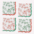 Four square paper napkins arranged in a 2x2 grid on a white background. Each napkin has a white base with a floral toile-style print in green or red and a matching scalloped border.