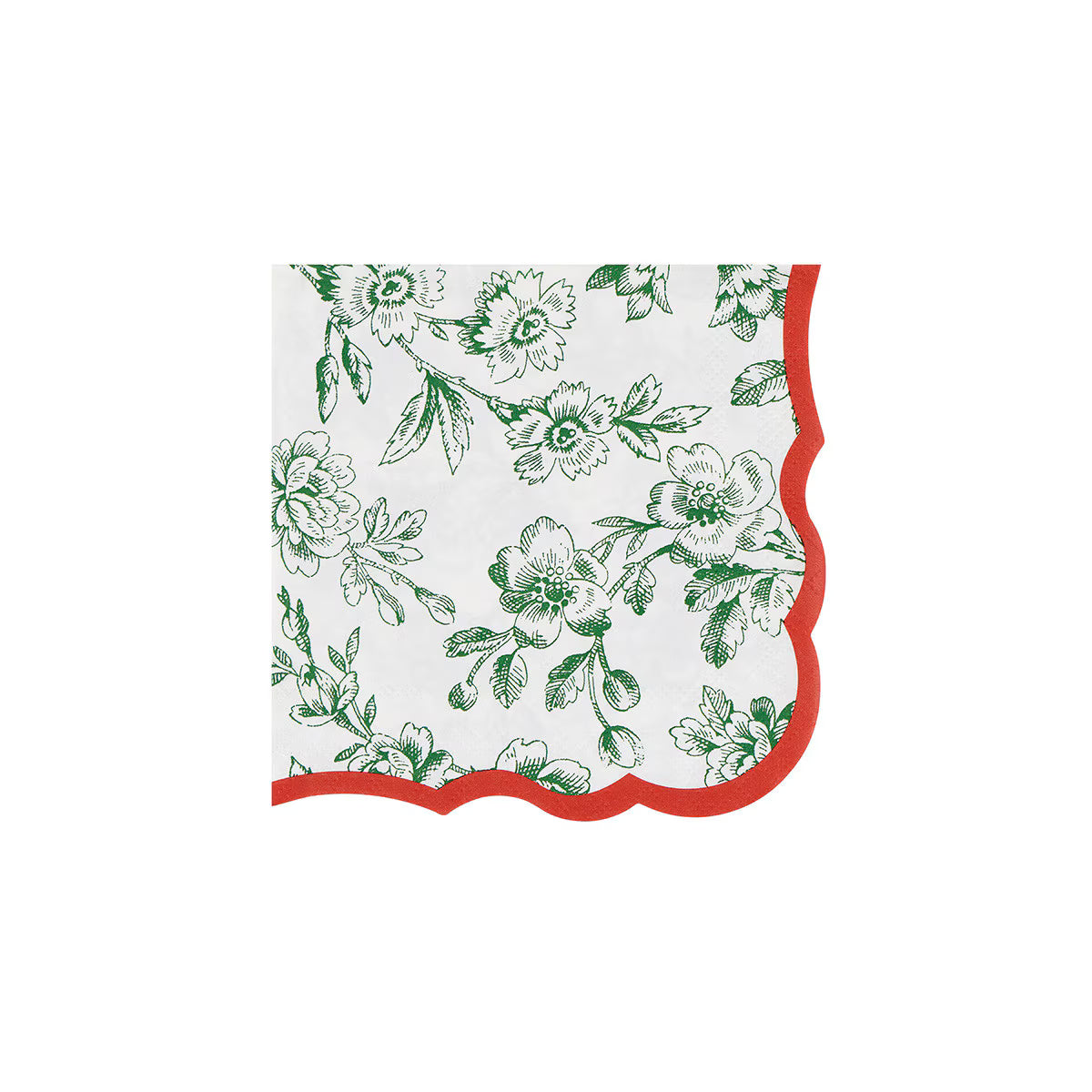 A square paper napkin with a green floral toile pattern on a white background and a scalloped red border, shown on a plain white background.
