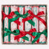 A boxed set of Christmas crackers with patterned paper tubes, red and green satin ribbons, and a small gold &