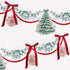 A Christmas garland banner with red ribbon bows, green and white floral patterns, a green Christmas tree, and hanging red-and-white paper fans on a white background.
