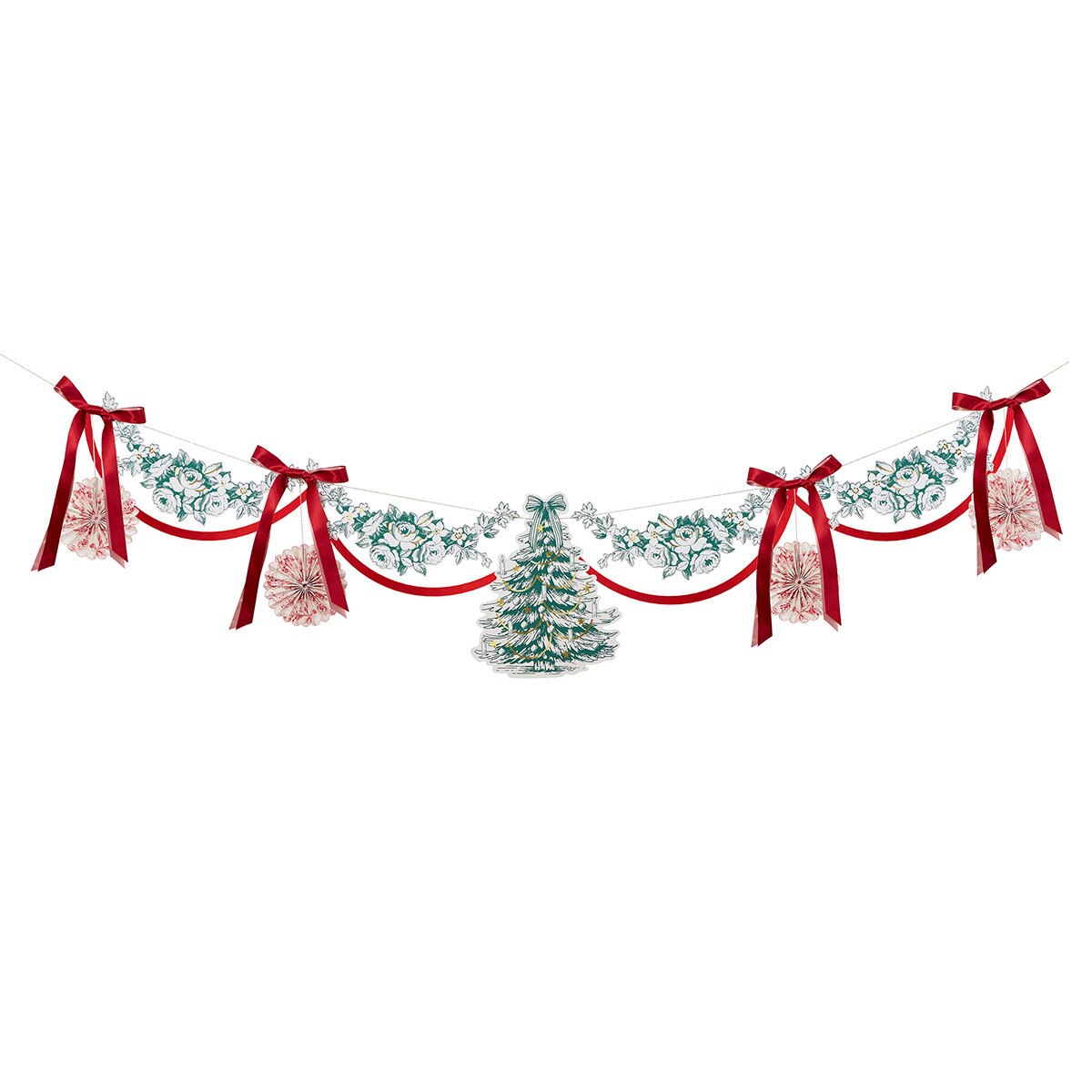 A festive Christmas garland banner featuring a central snow-covered tree ornament, red ribbon bows, and white snow-dusted pine branches, displayed against a solid white background.