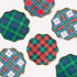 Six scalloped-edge paper plates with gold trim, arranged on a white background. Each plate features a different tartan plaid pattern in green, blue, red, and white.