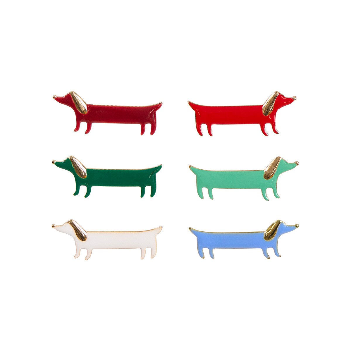 Set of five colorful dachshund-shaped pins on a white background