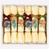 Box of Christmas crackers with festive designs and ribbons.