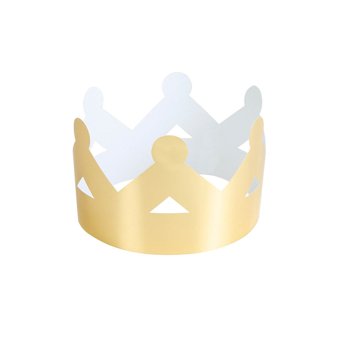 Gold and white paper crowns on a white background.