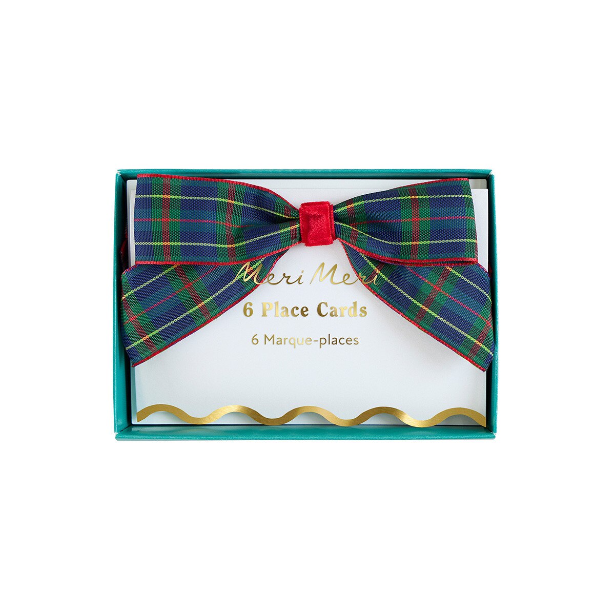 Pack of 6 place cards with a plaid bow design on a white background