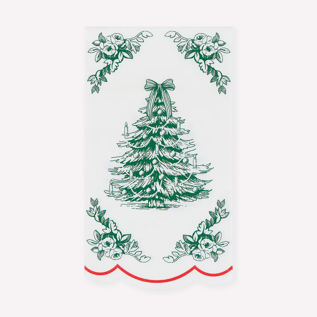 A white rectangular decorative panel or sign featuring a green illustrated Christmas tree in the center, floral corner motifs, and a red scalloped border along the bottom, shown against a light gray background.