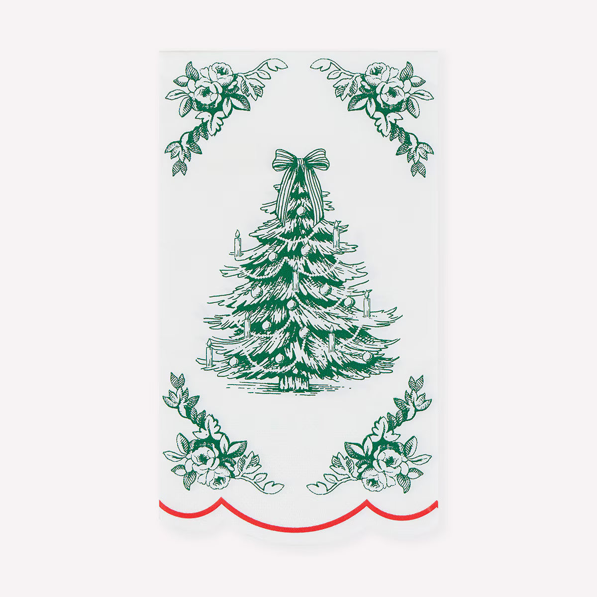 A white rectangular decorative panel or sign featuring a green illustrated Christmas tree in the center, floral corner motifs, and a red scalloped border along the bottom, shown against a light gray background.