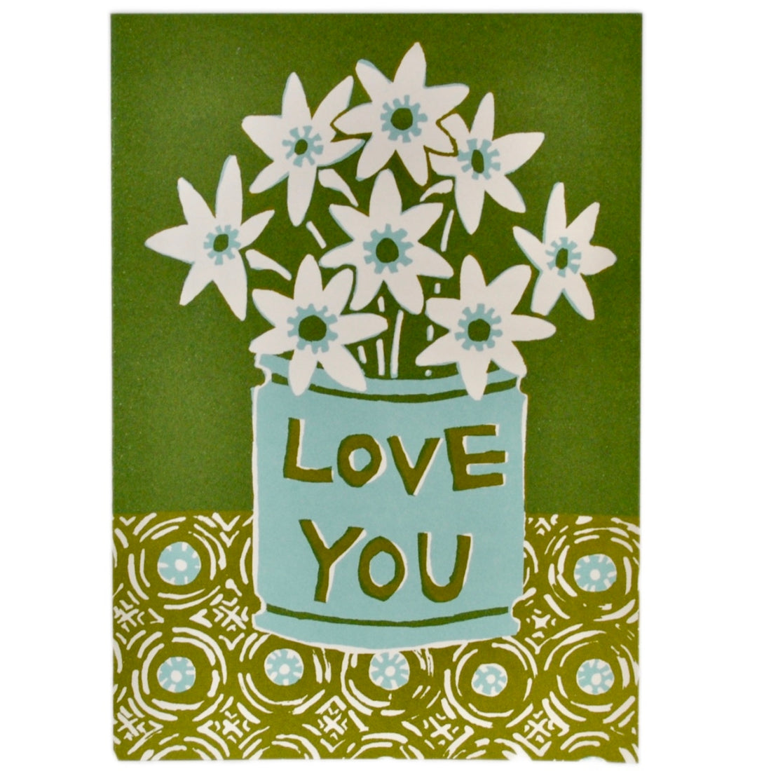 Greeting card by Cambridge Imprints with an illustration of a blue vase holding white flowers.  The vase says Love You.   All in shades of green and blues. 