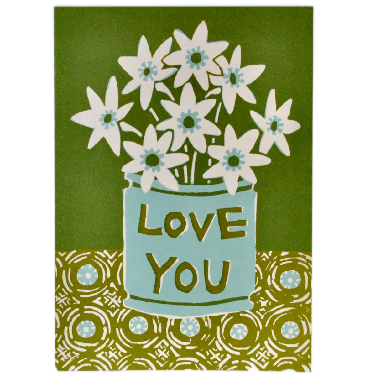 Greeting card by Cambridge Imprints with an illustration of a blue vase holding white flowers.  The vase says Love You.   All in shades of green and blues. 