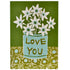 Greeting card by Cambridge Imprints with an illustration of a blue vase holding white flowers.  The vase says Love You.   All in shades of green and blues. 