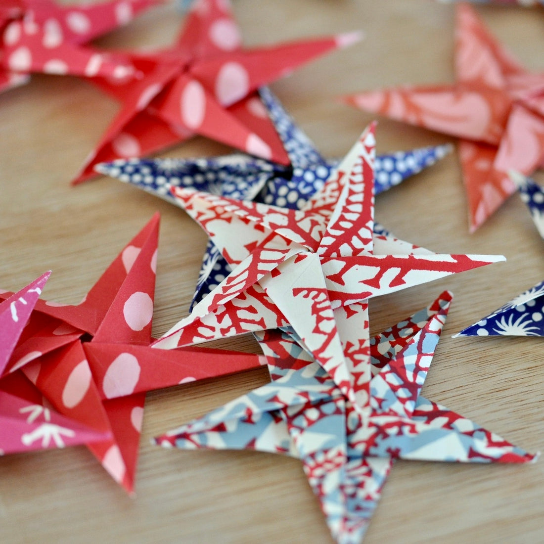 Origami stars in assorted colors. 