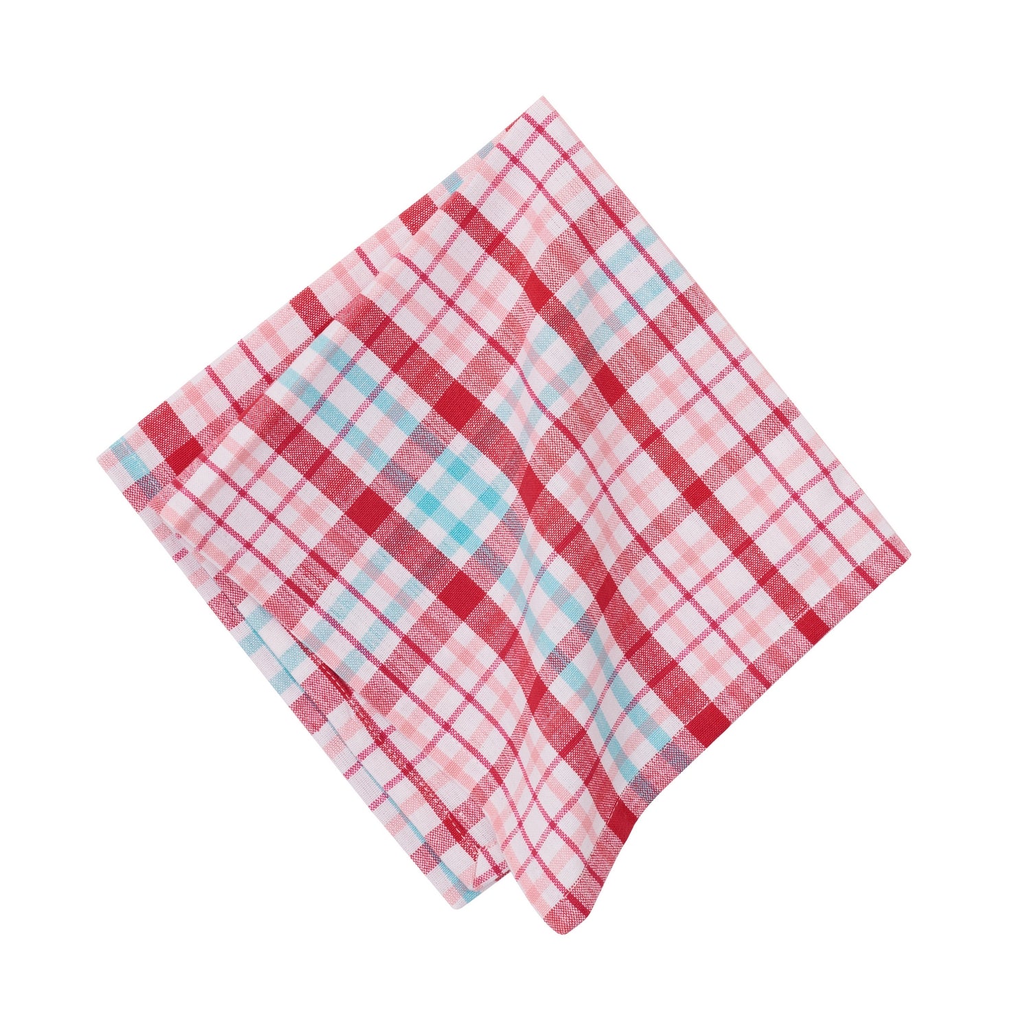 A pink and blue Love Struck Plaid cloth napkin on a white background, perfect for adding a touch of elegance to your tabletop collection or for use as dining room napkins.