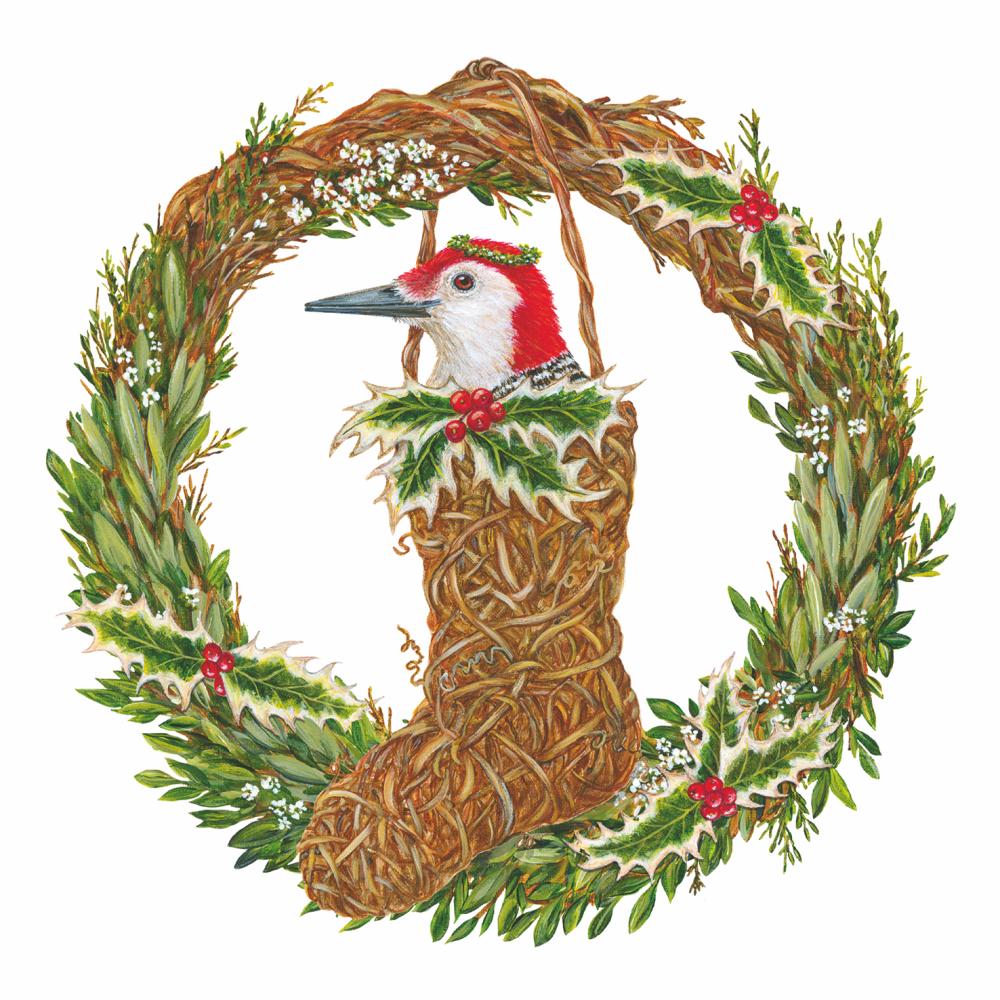 Cocktail napkin featuring artwork by Vicki Sawyer of a bird in a wreath. 