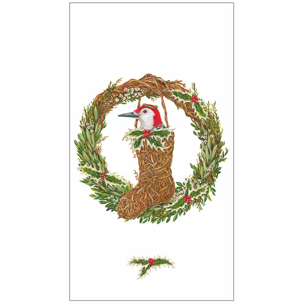 Guest towel napkin featuring artwork by Vicki Sawyer of a bird in a wreath. 