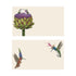 Two illustrated note card designs on a cream background. The top card shows two small hummingbirds nestled inside the purple flowering top of a large green artichoke. The bottom card features two hummingbirds in mid-flight, each wearing a unique, tall floral hat made of purple and pink blossoms.