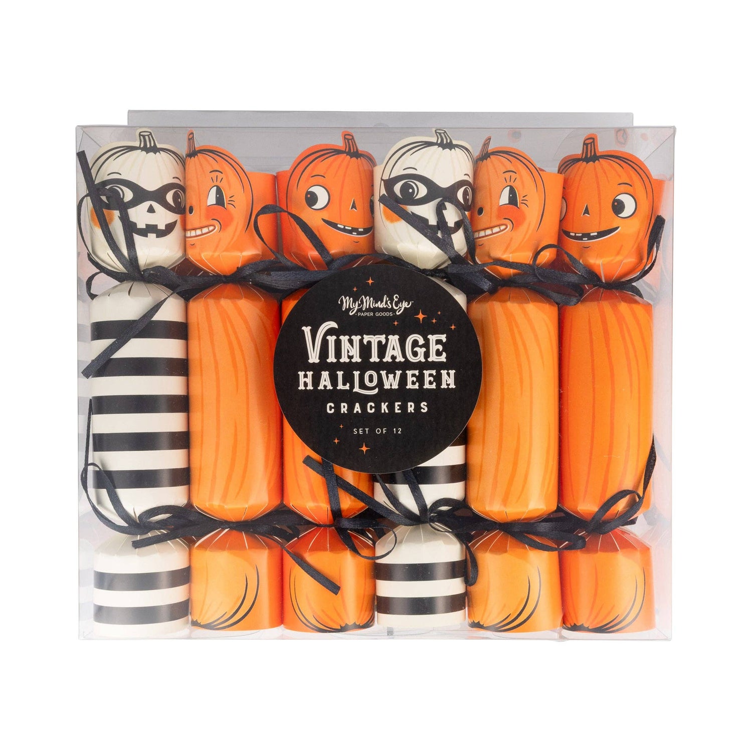 Packaged vintage Halloween crackers with pumpkins on a white background.