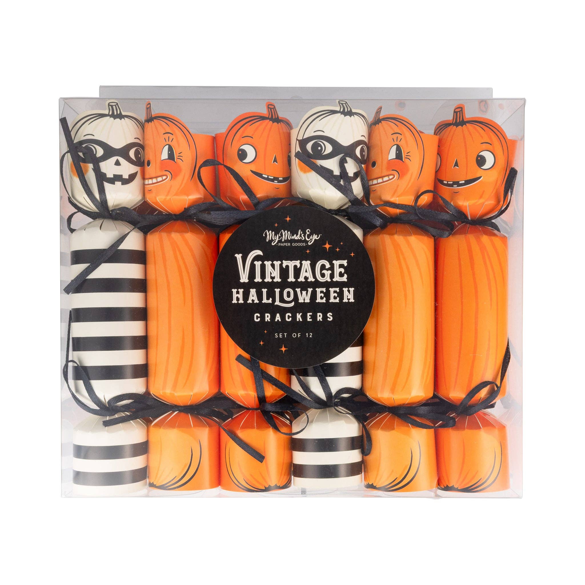 Packaged vintage Halloween crackers with pumpkins on a white background.
