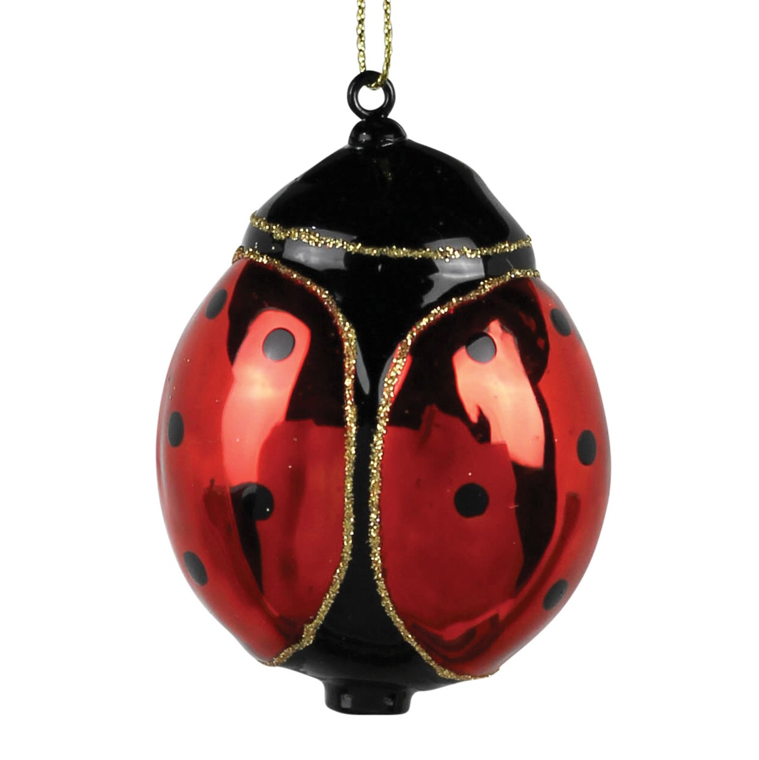 A glass blown ladybug ornament crafted with traditional hand painted details and gold glitter.