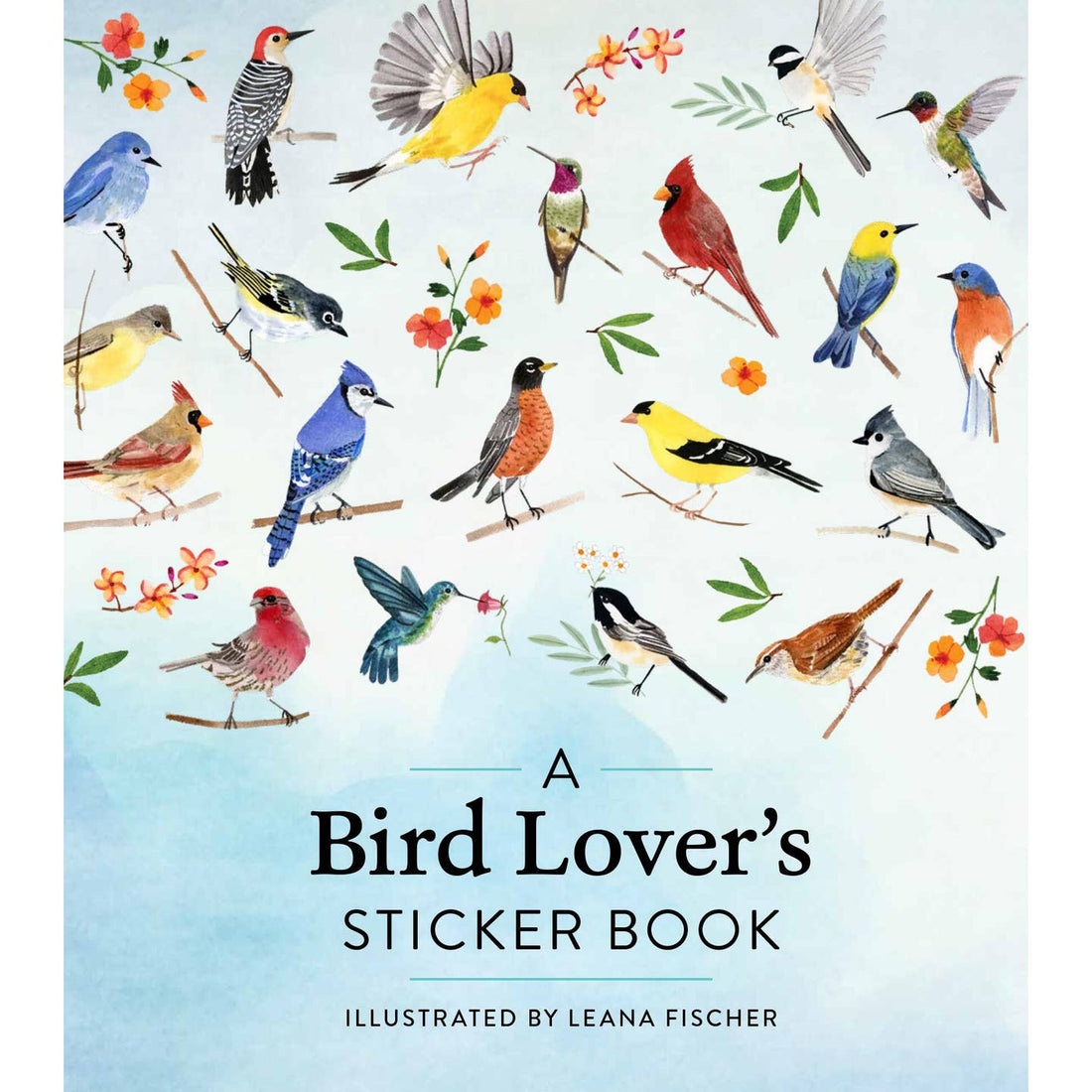 Sticker book cover with various illustrated birds and flowers on a light blue background.