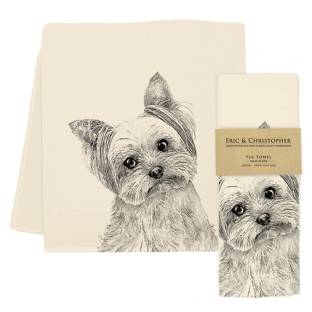 Tea towel with dog illustration and Eric &amp; Christopher branding.
