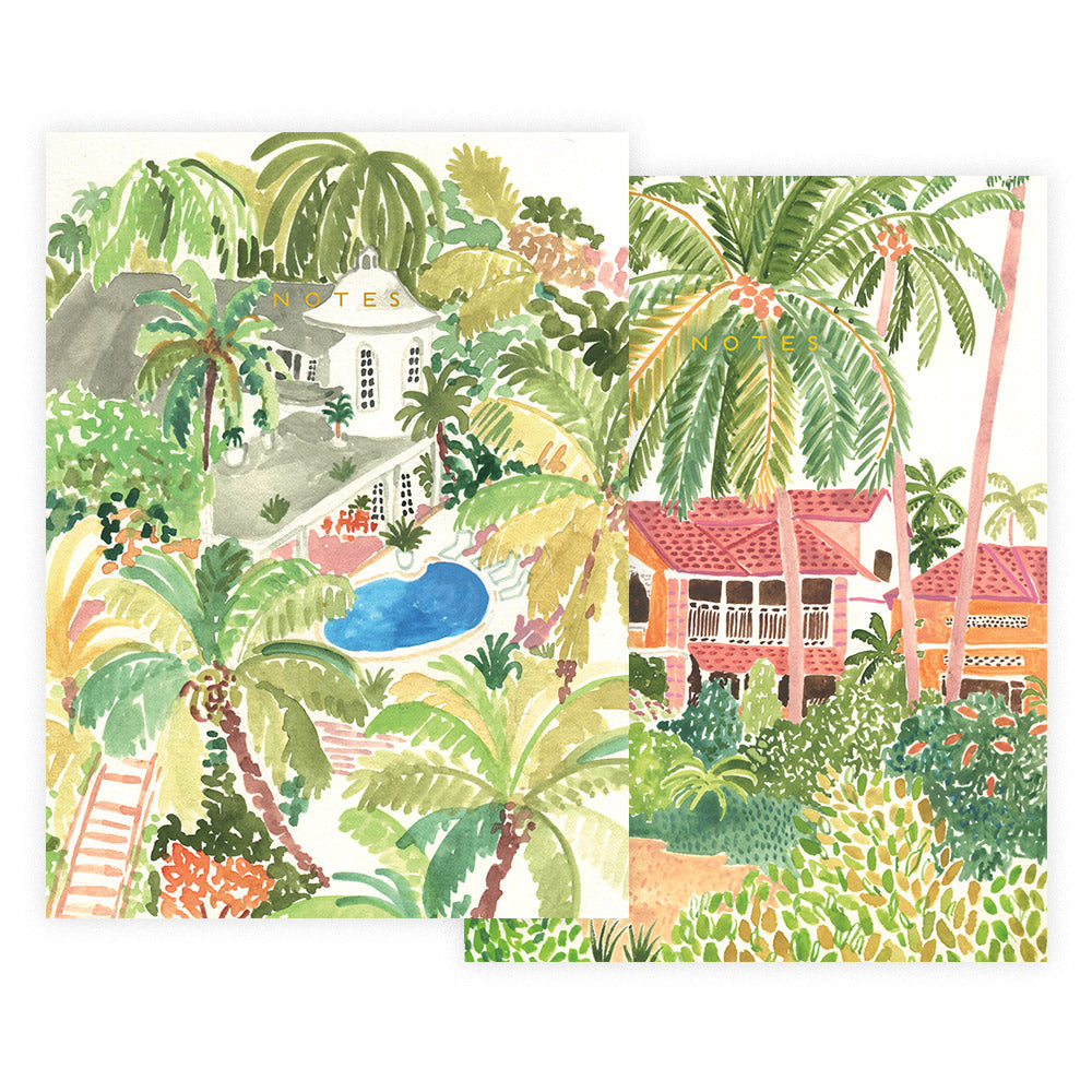 Two watercolor illustrations on plantable seed paper depicting tropical scenes with lush greenery, palm trees, and buildings from the Seedlings Oasis Notebook Set of 2.